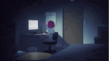 Kurumi-chan sits at her desk freaking out about a bad forex trade.