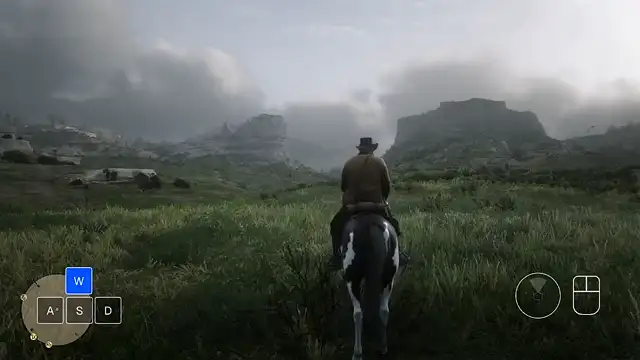 Odyssey-3's policy riding a horse across a misty grassland in Red Dead Redemption 2, with a corner overlay lighting up the W key and mouse inputs it's pressing