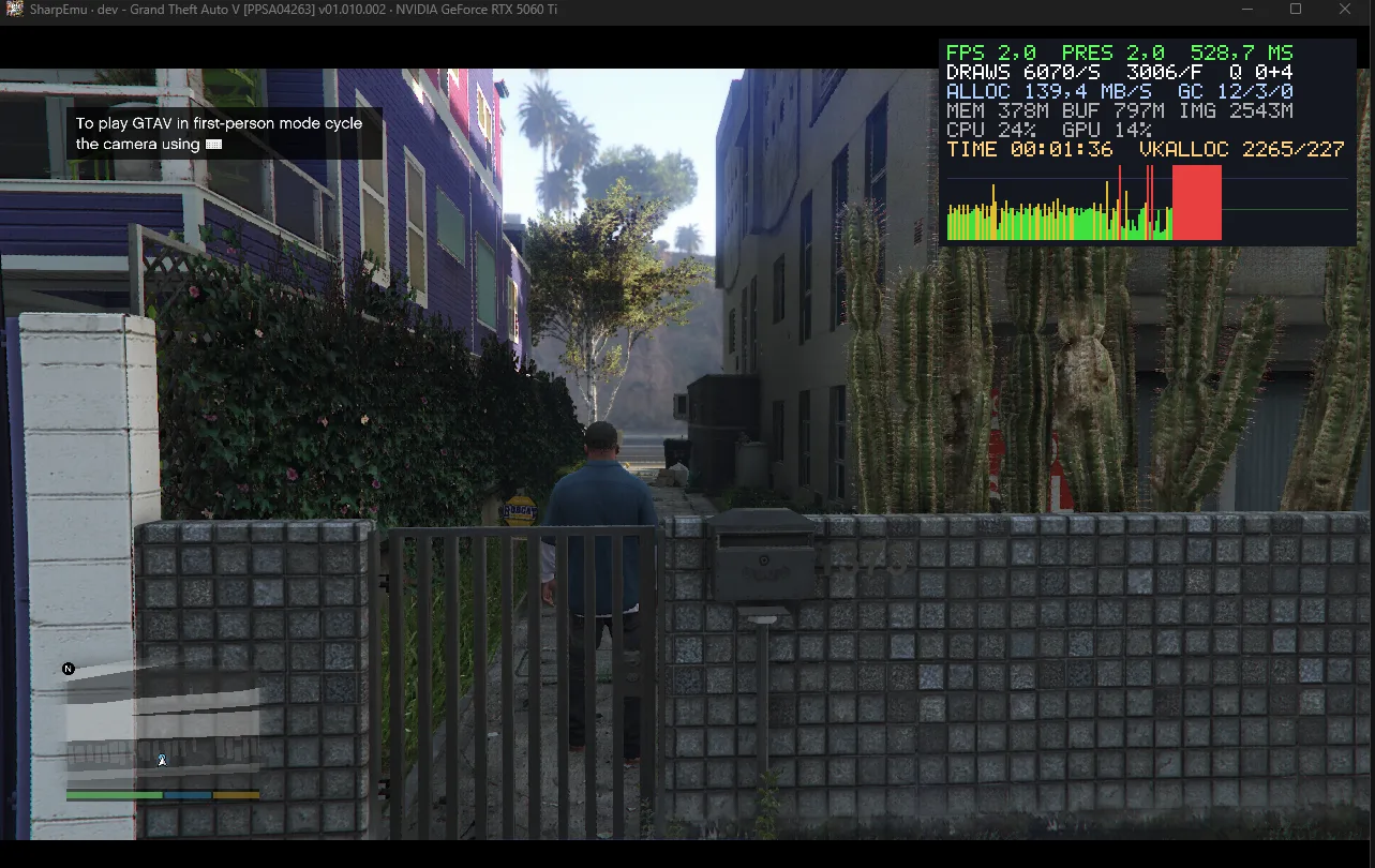 GTA V running in SharpEmu: a character standing at a gate outside a purple house in Los Santos, with SharpEmu's debug overlay reading FPS 2.0 and the window title reading SharpEmu - dev - Grand Theft Auto V