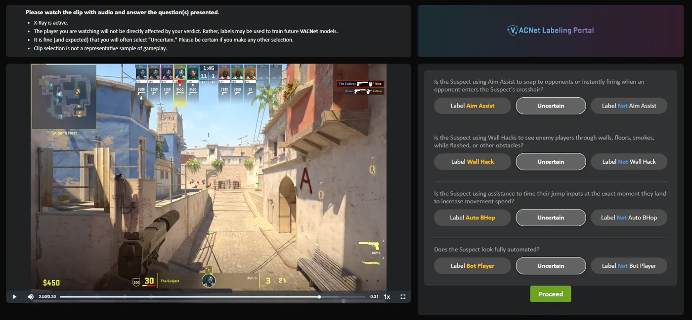 Valve's VACNet Labeling Portal: a Counter-Strike 2 clip with X-Ray on, next to buttons to label the suspect for aim assist, wall hacks, auto bhop, or being a bot. The instructions say the player you're watching will not be directly affected by your verdict, and that labels may be used to train future VACNet models.