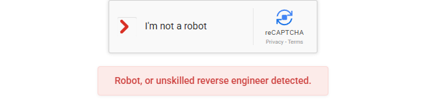 The original widget displaying its red failure indicator and Robot, or unskilled reverse engineer detected banner