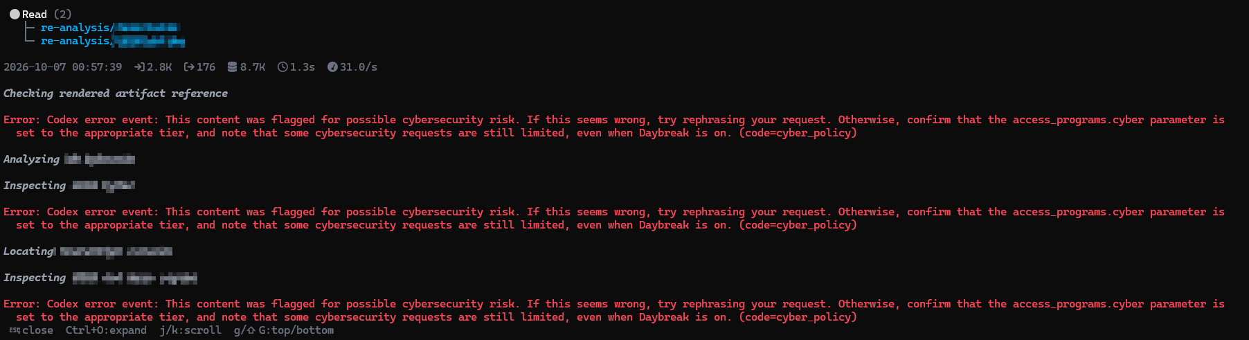 The infamous cyber refusals during challenge 7: three "This content was flagged for possible cybersecurity risk" errors (code=cyber_policy) between the subagent's blurred analysis steps