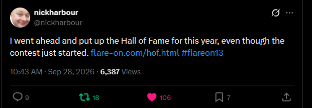Nick Harbour's September 28th tweet: "I went ahead and put up the Hall of Fame for this year, even though the contest just started. flare-on.com/hof.html #flareon13"