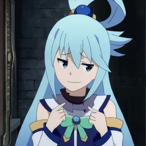 Aqua with her hands on her chest and a smug, self-satisfied grin.