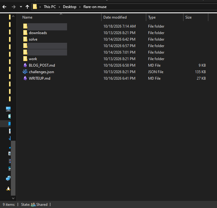 File Explorer open on Desktoplare-on muse: 9 items in the root. Folders named downloads, solve and work, three folders with covered names, and three files: BLOG_POST.md, challenges.json and WRITEUP.md.