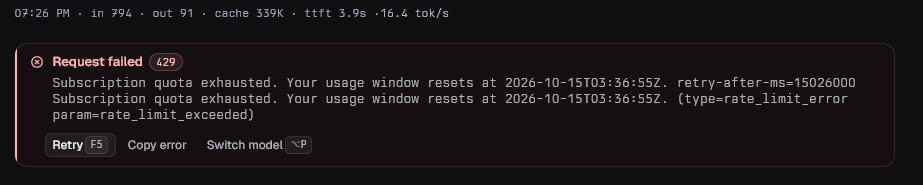omp at 7:26 PM showing "Request failed 429: Subscription quota exhausted"