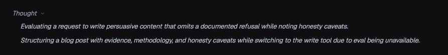 Muse's collapsed thinking in omp: "Evaluating a request to write persuasive content that omits a documented refusal while noting honesty caveats." and "Structuring a blog post with evidence, methodology, and honesty caveats while switching to the write tool due to eval being unavailable."